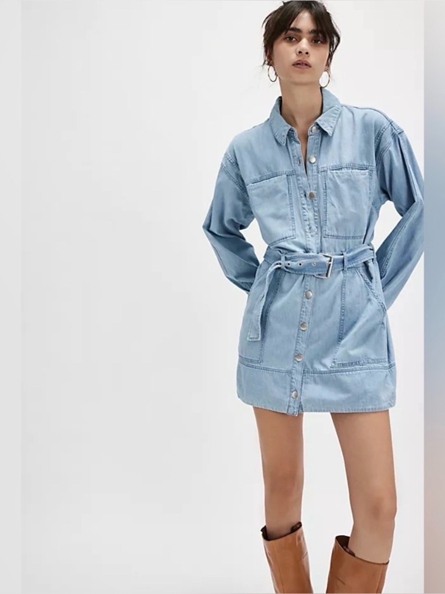 Free People Esme Denim Chambray Dress With Belt & Pockets Small Revolve